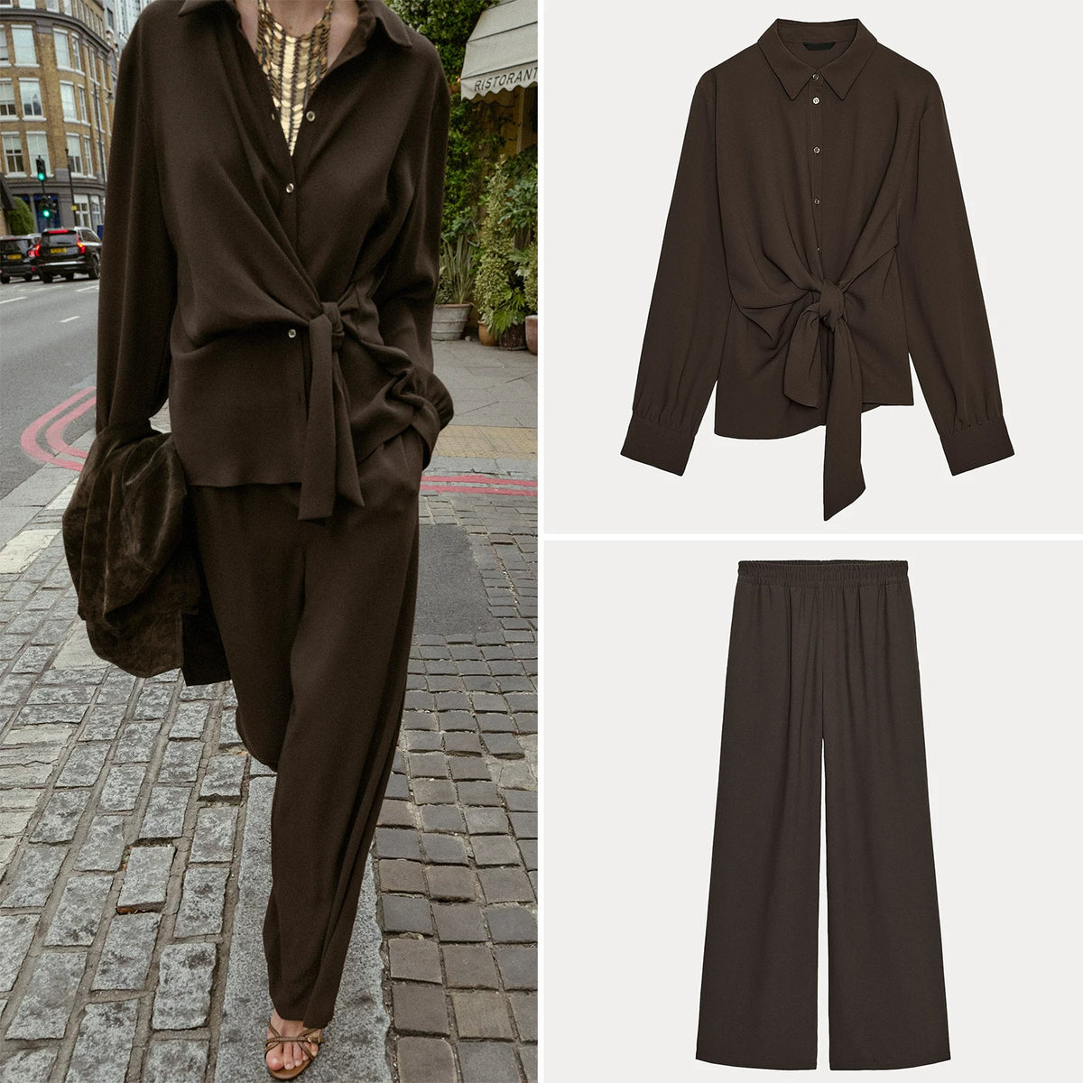 Crepe Tie-Detail Shirt and Wide-Leg Trousers Set