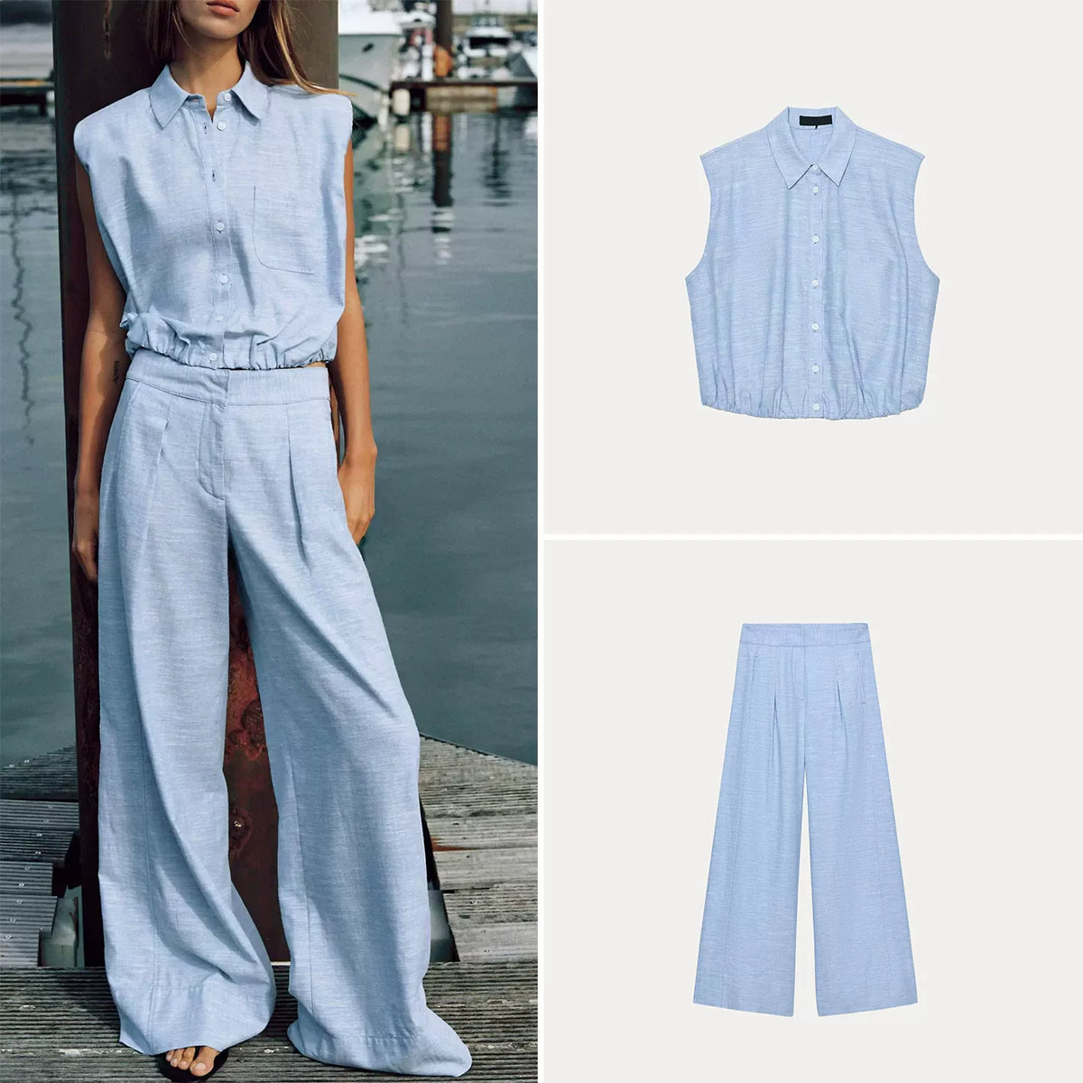 Sleeveless Collared Top and Pleated Trousers Set