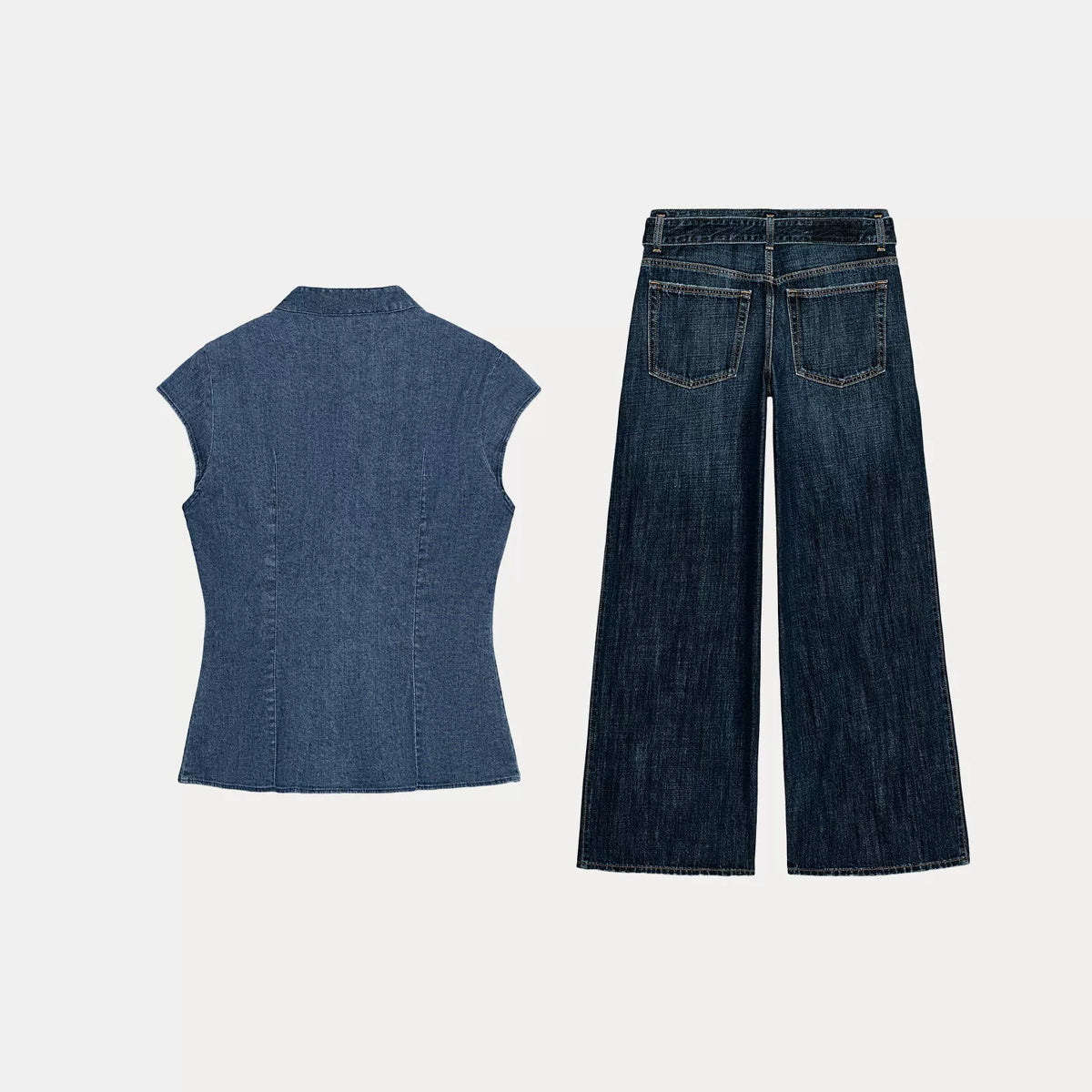 Denim-Effect Top and Belted Pleated Trousers Set