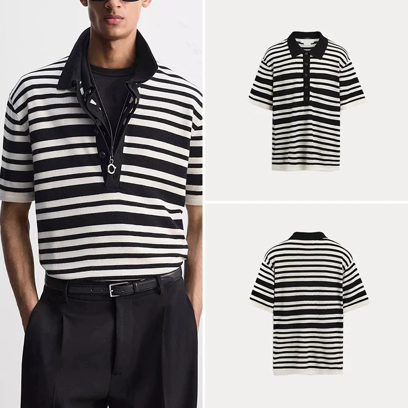 Relaxed Striped Knit Polo Shirt