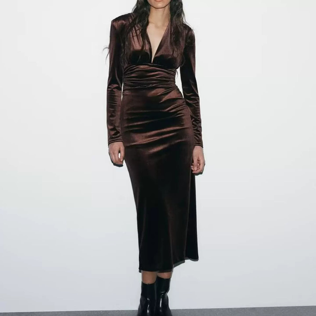 Pleated V-Neck Midi Dress