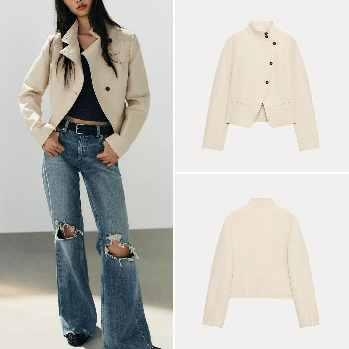 Stand-Collar Double-Breasted Blazer