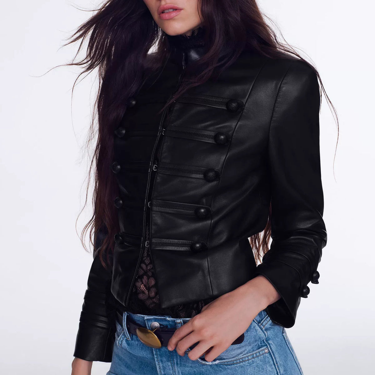 Stand-Collar Knot-Button Jacket