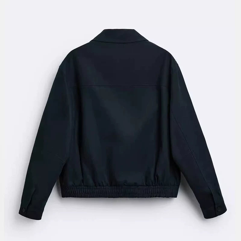 Textured-Cuff Collar Zip Jacket