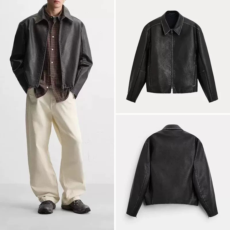 Washed Faux Leather Zip Jacket in Black II