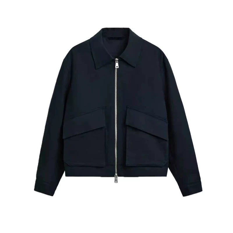 Textured-Cuff Collar Zip Jacket