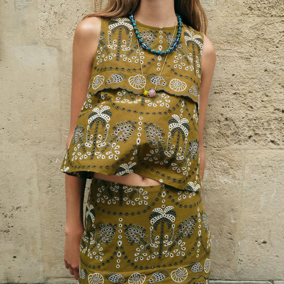 Embroidered Cutout Top and Midi Skirt Set