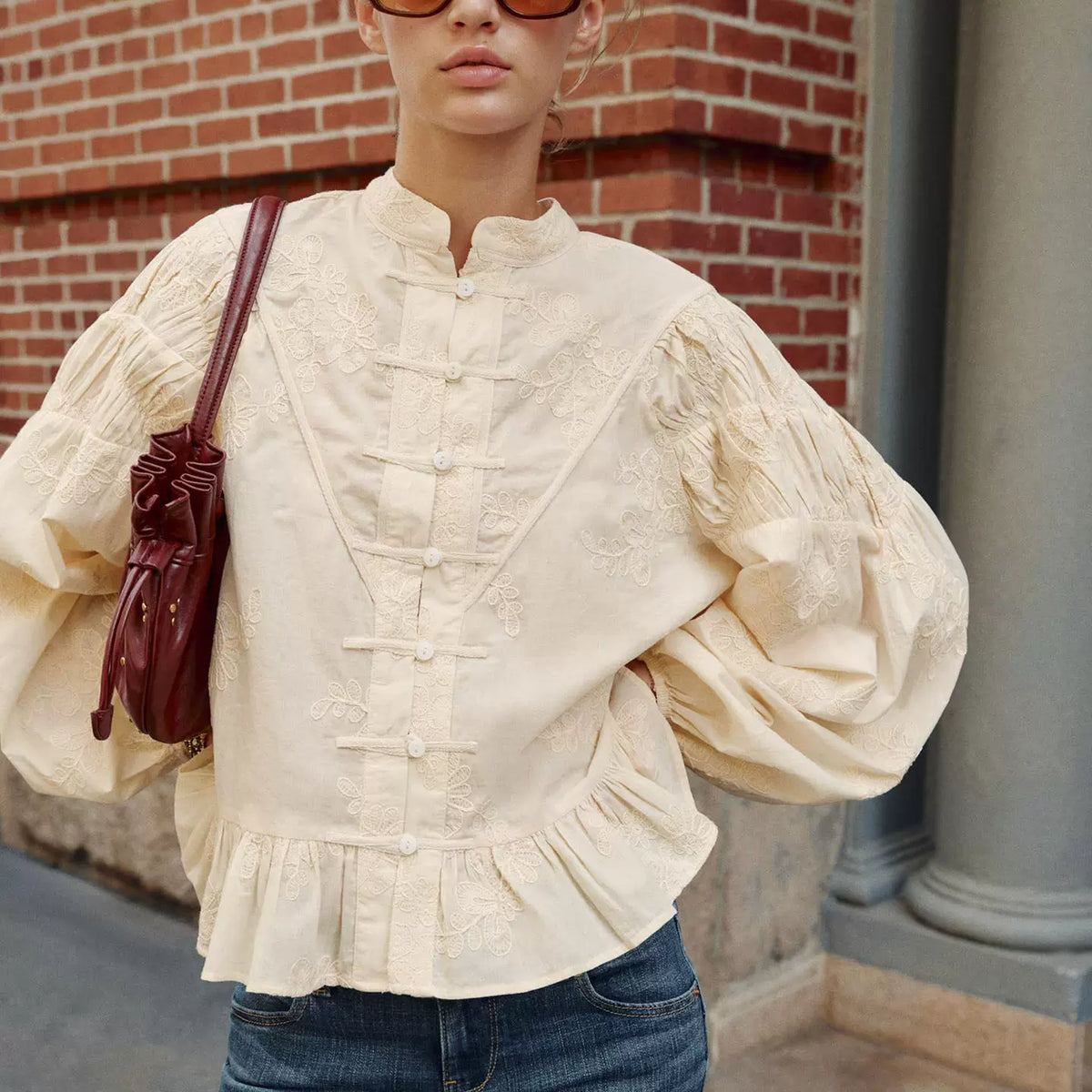 Embroidered Knot-Button Crew Shirt