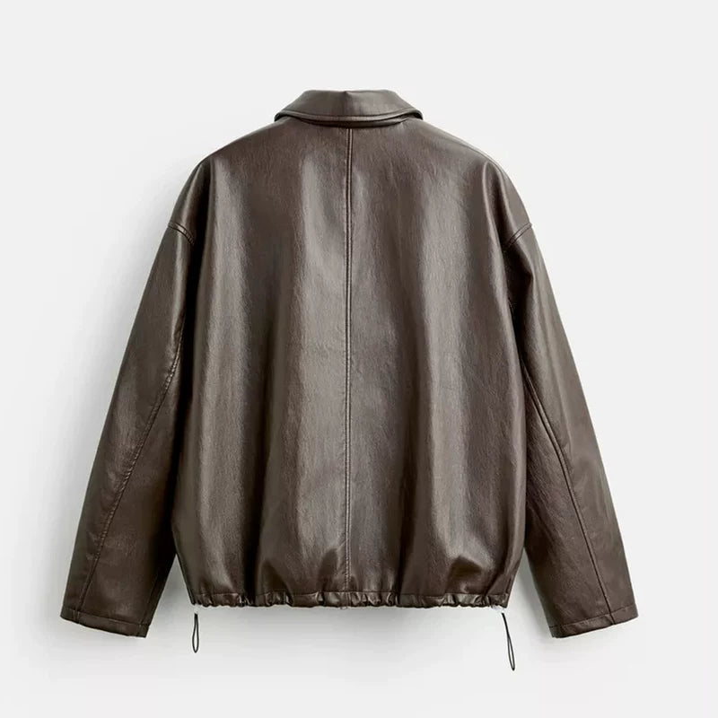 Faux Leather Collared Pocket Jacket