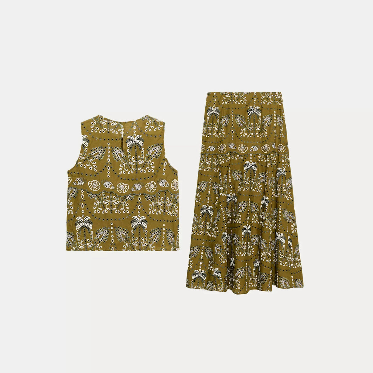 Embroidered Cutout Top and Midi Skirt Set