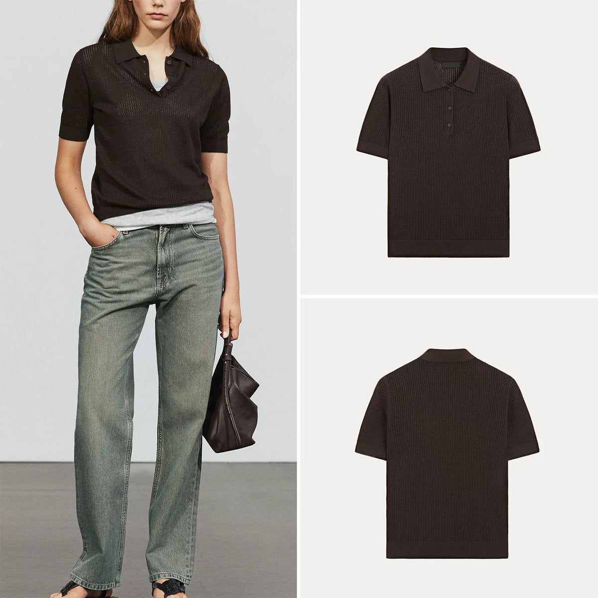 Openwork Polo Collar Short-Sleeve Top