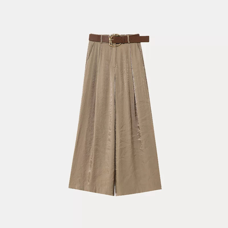 Satin-Finish Belted Wide-Leg Trousers
