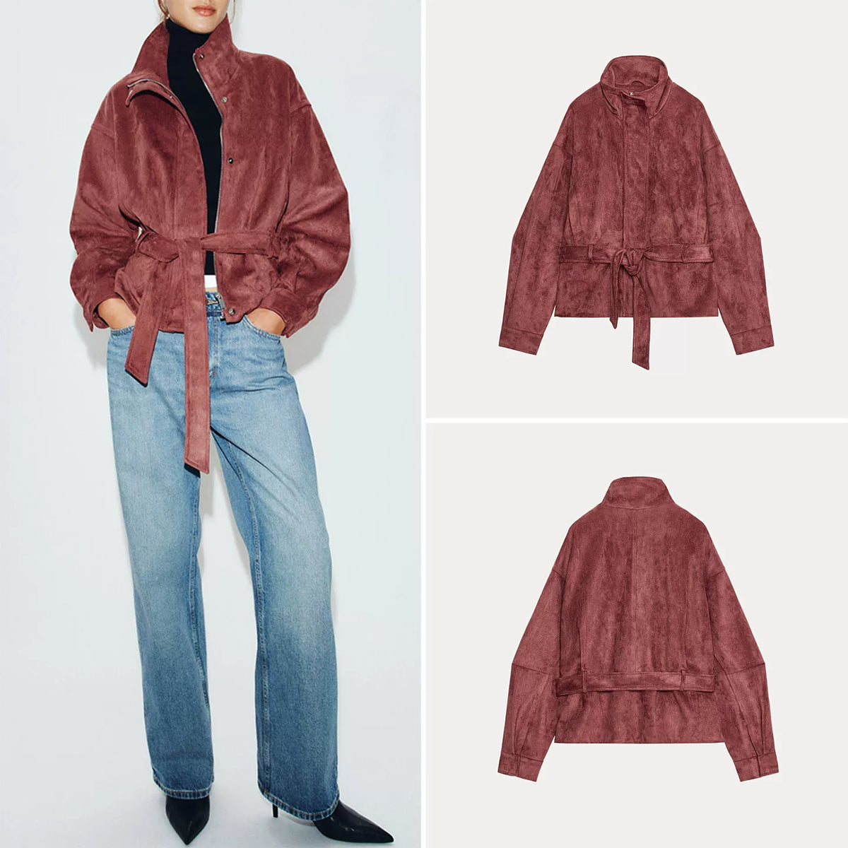 Belted Stand-Collar Jacket in Wine Red