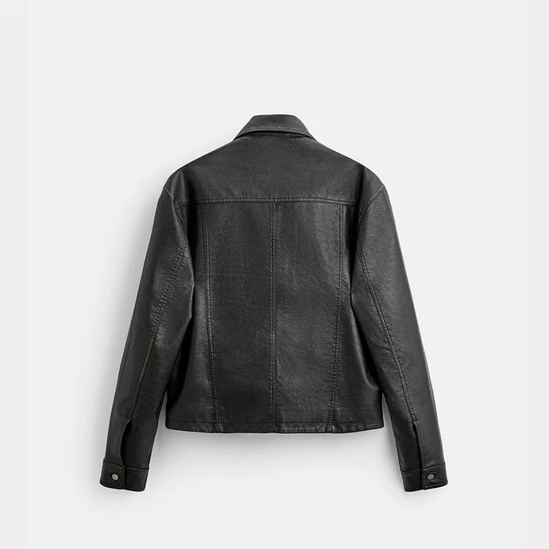 Washed Faux Leather Zip Jacket in Black