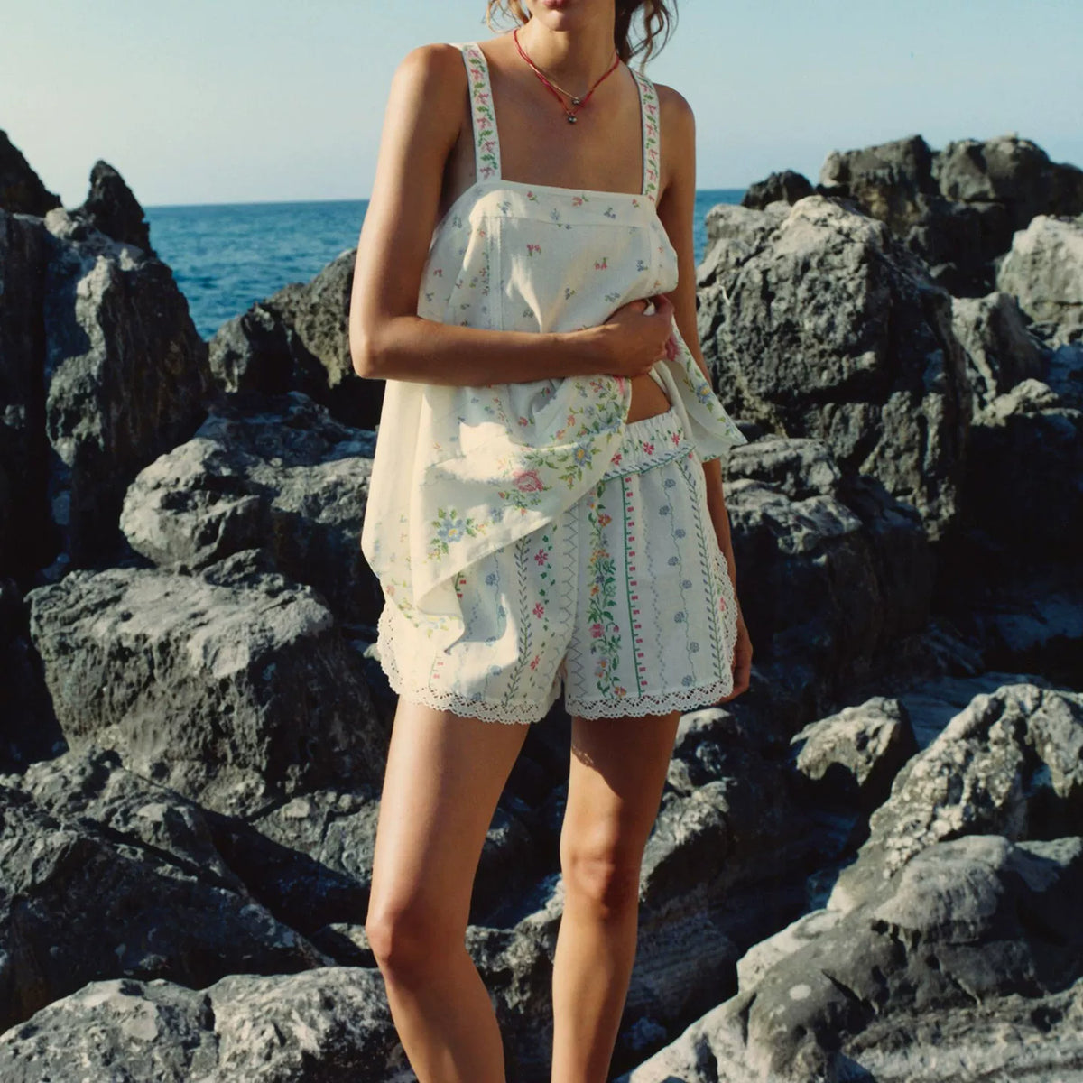 Printed Asymmetric Top and Ruffle Shorts Set