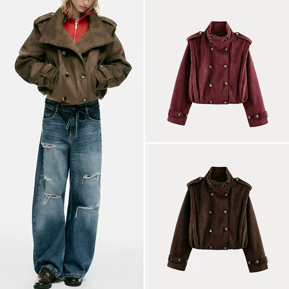 Pleated Stand-Collar Cropped Jacket