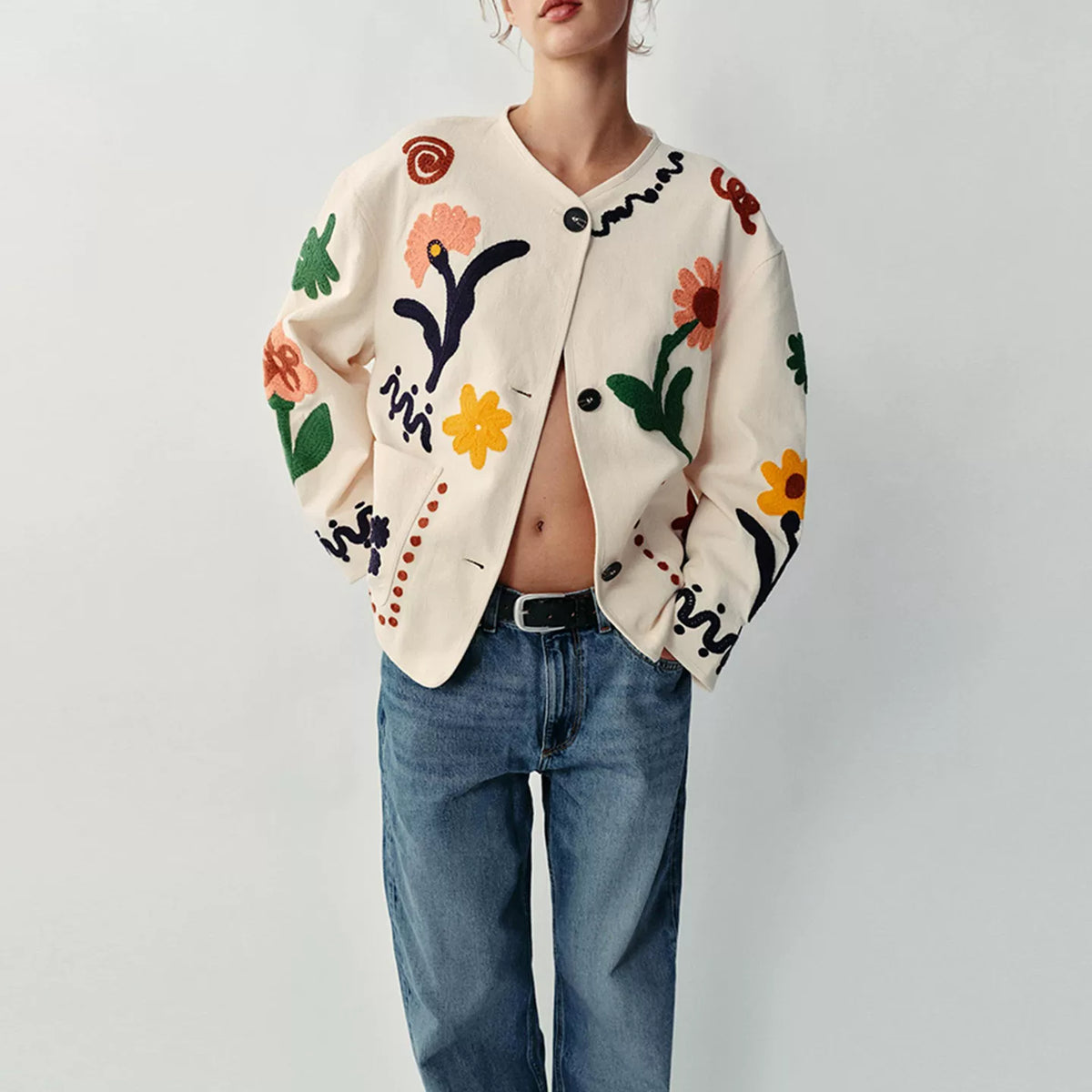 Floral Embroidered Cropped Jacket