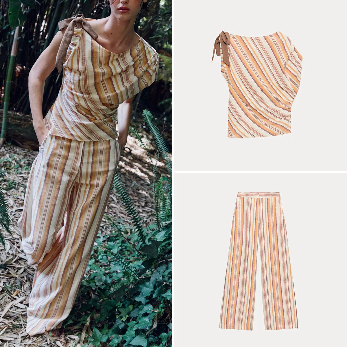Striped Asymmetric Top & Wide-Leg Trousers Set