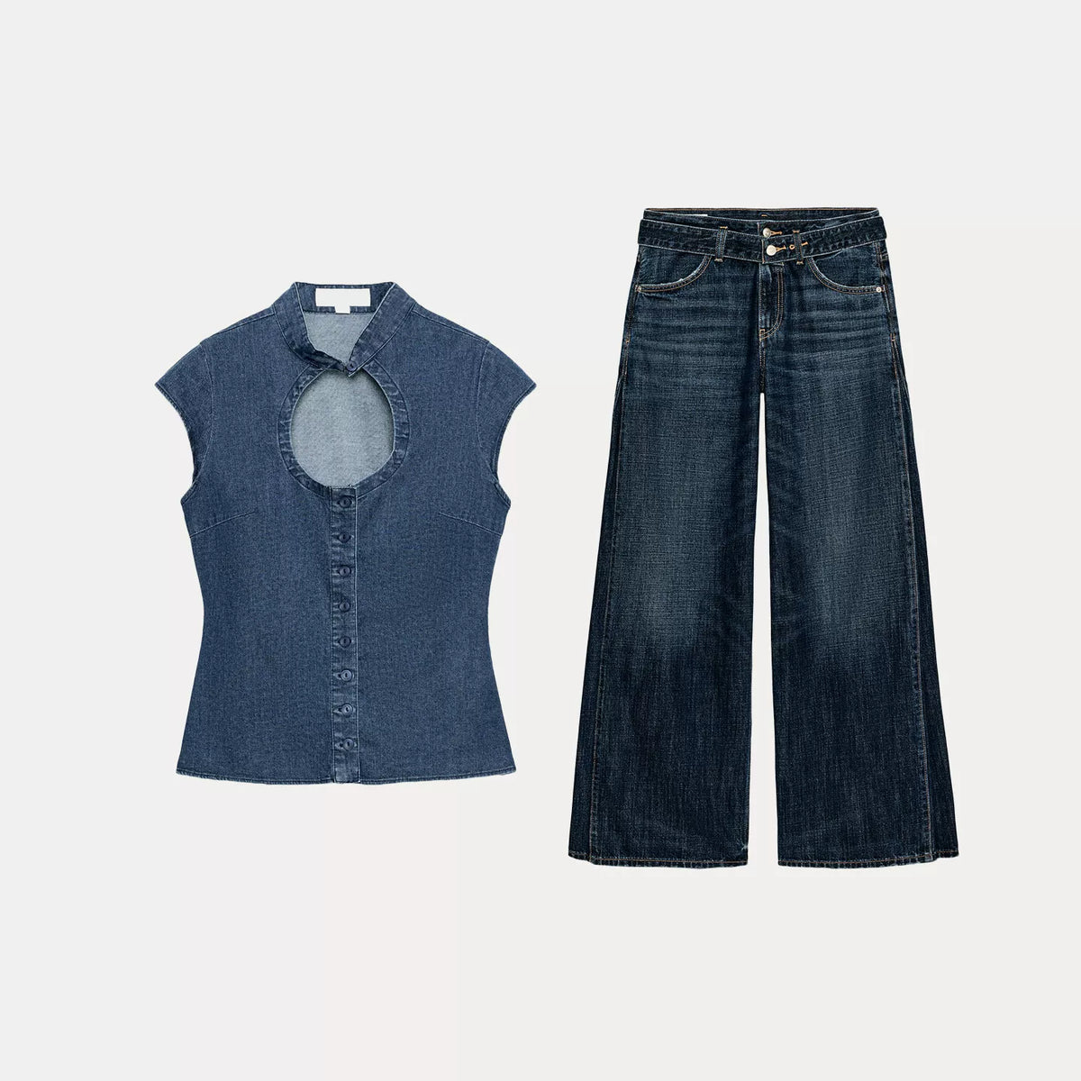 Denim-Effect Top and Belted Pleated Trousers Set