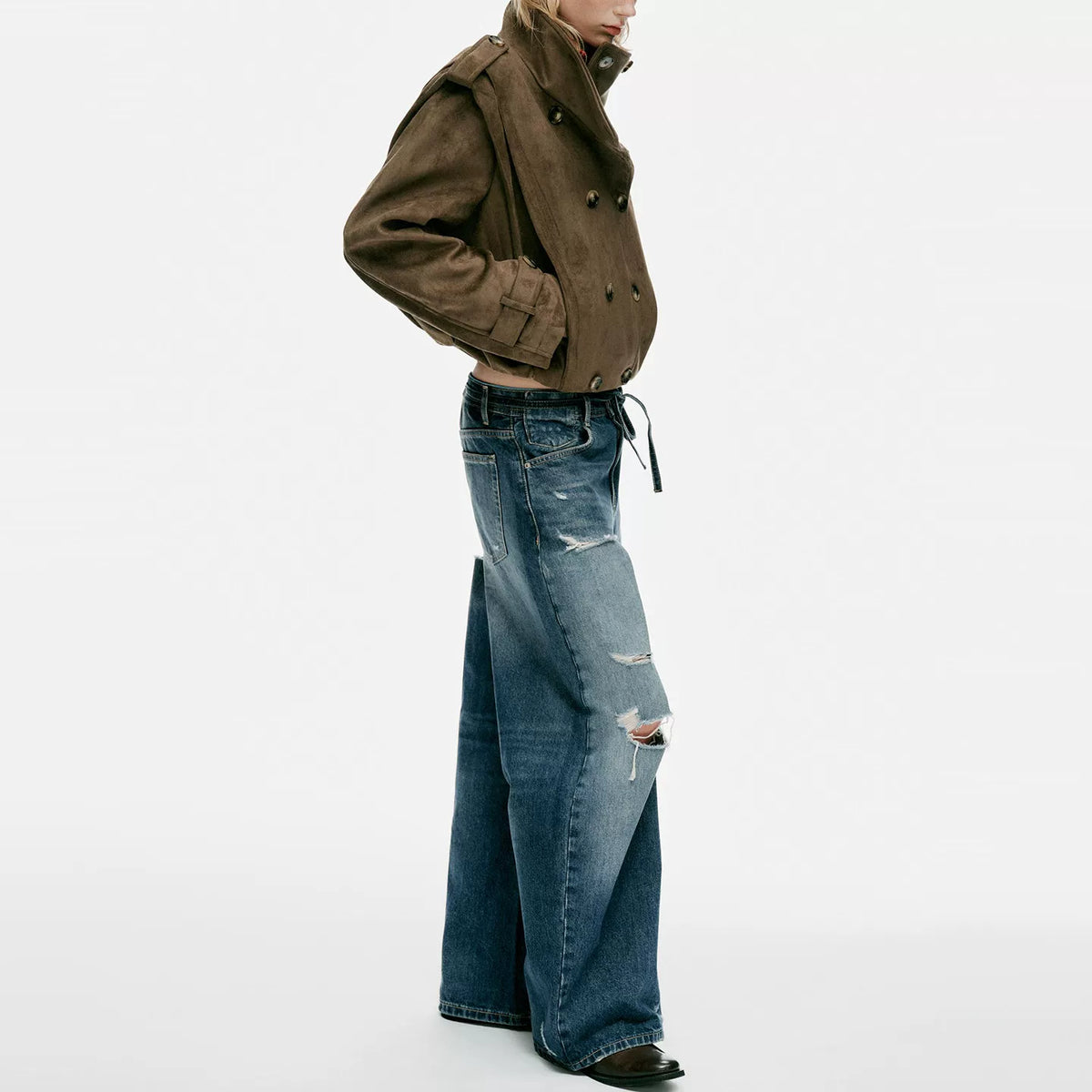 Pleated Stand-Collar Cropped Jacket