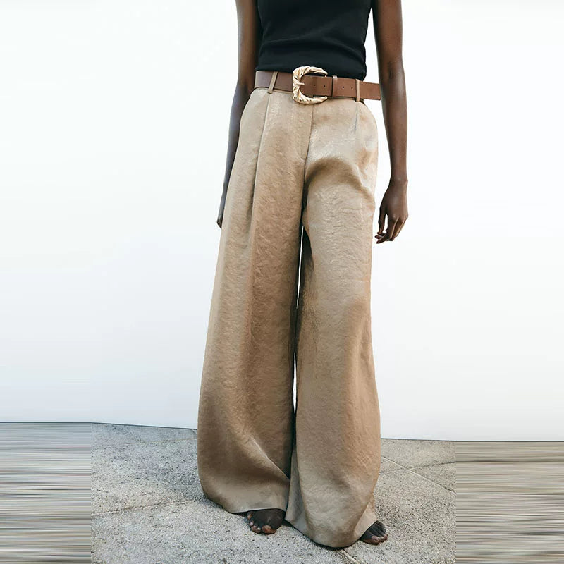 Satin-Finish Belted Wide-Leg Trousers