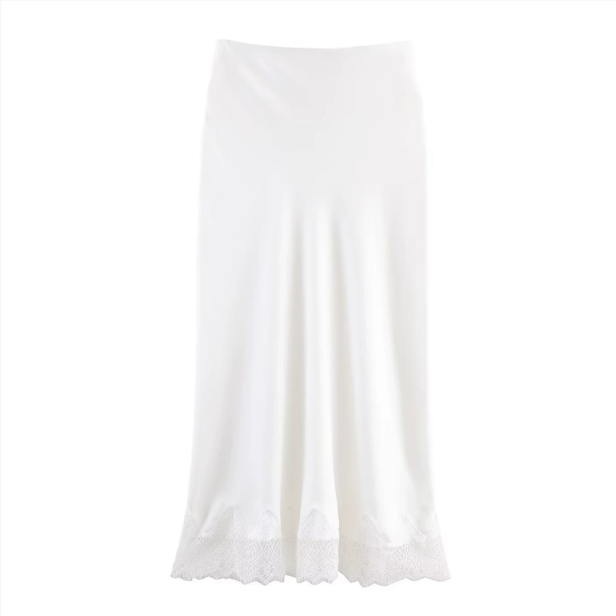 Lace-Trim Satin-Finish Midi Skirt