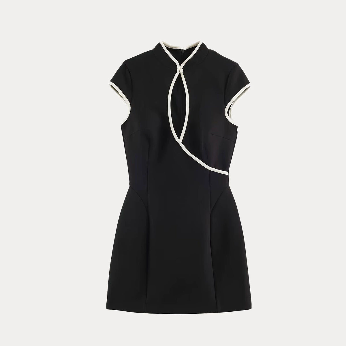 Contrast-Trim Stand-Collar Mini Dress