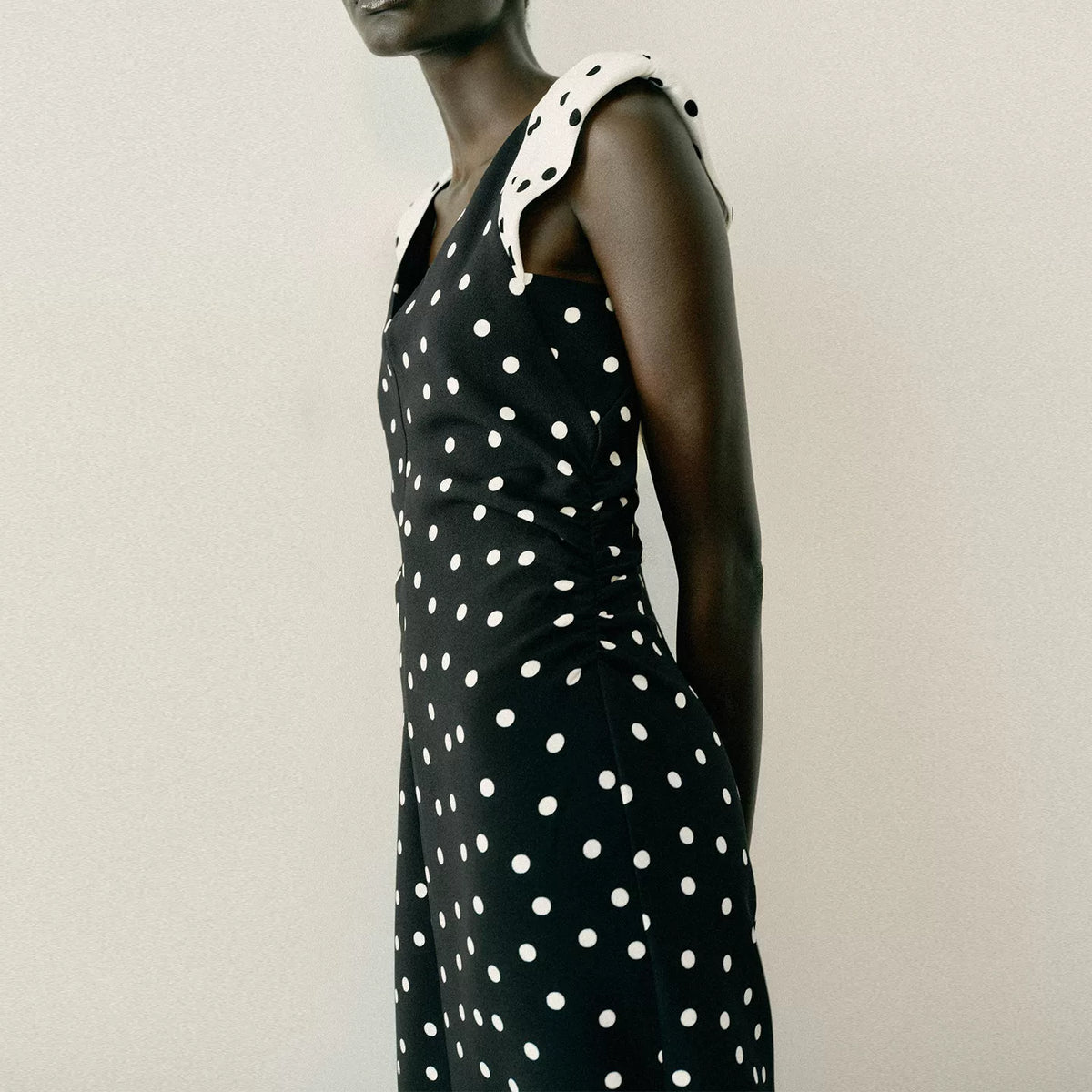 Padded-Shoulder Polka Dot Midi Dress