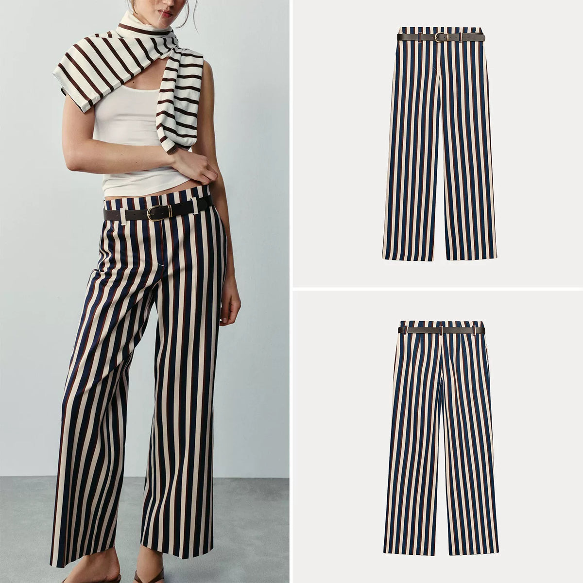 Striped Belted Straight-Leg Trousers