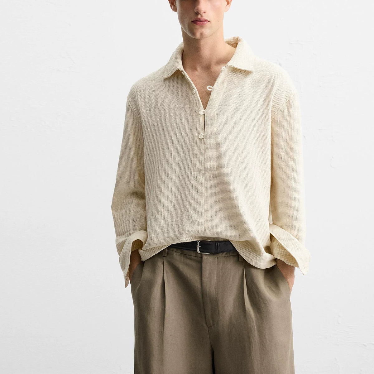 Polo-Collar Textured Long-Sleeve Shirt