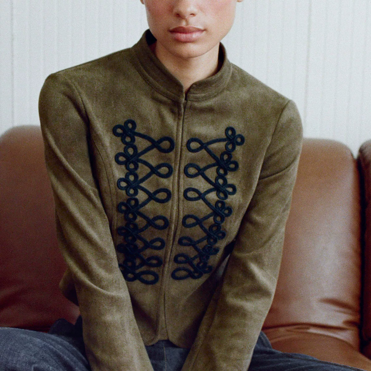 Khaki Knot-Button Stand-Collar Jacket