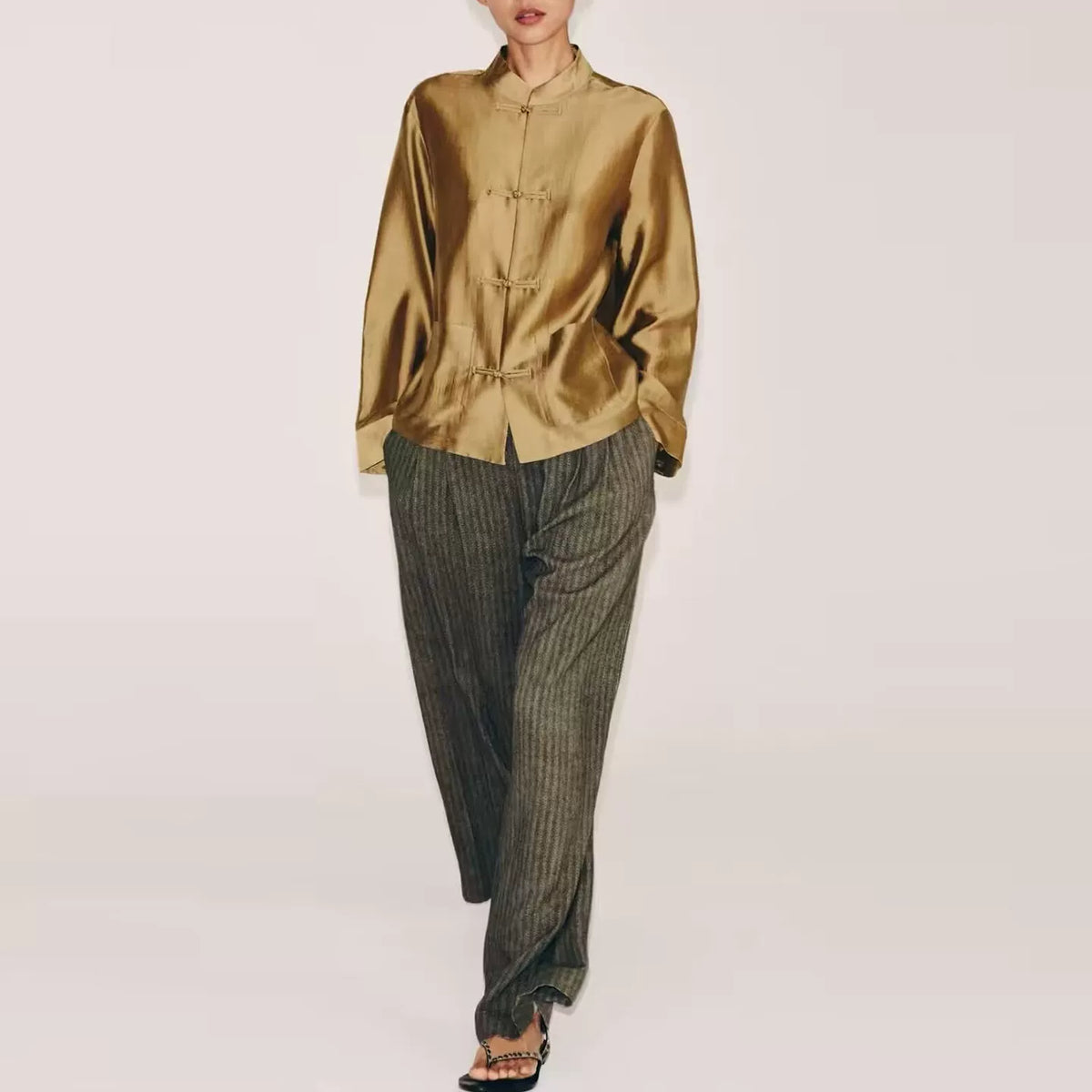 Knot-Button Round Neck Blouse