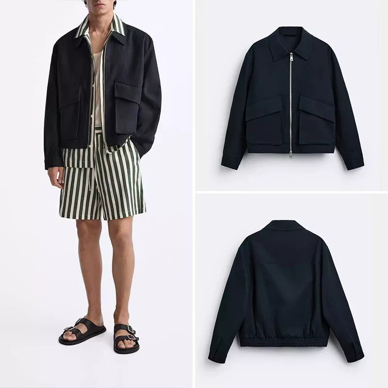 Textured-Cuff Collar Zip Jacket