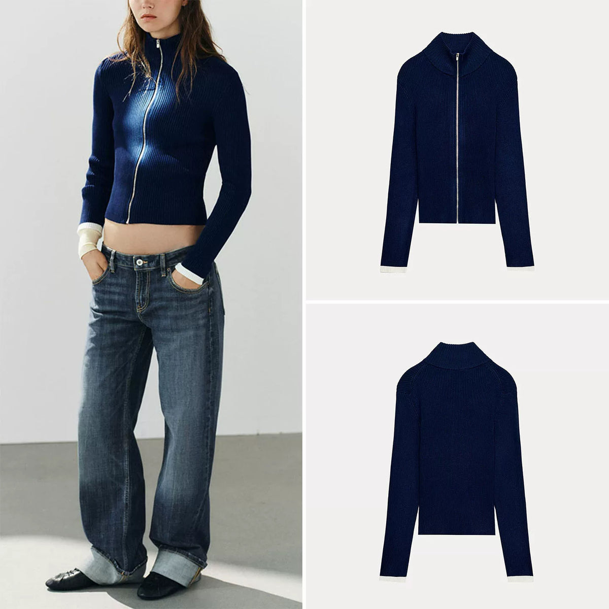 Ribbed Zip-Up Knit Jacket