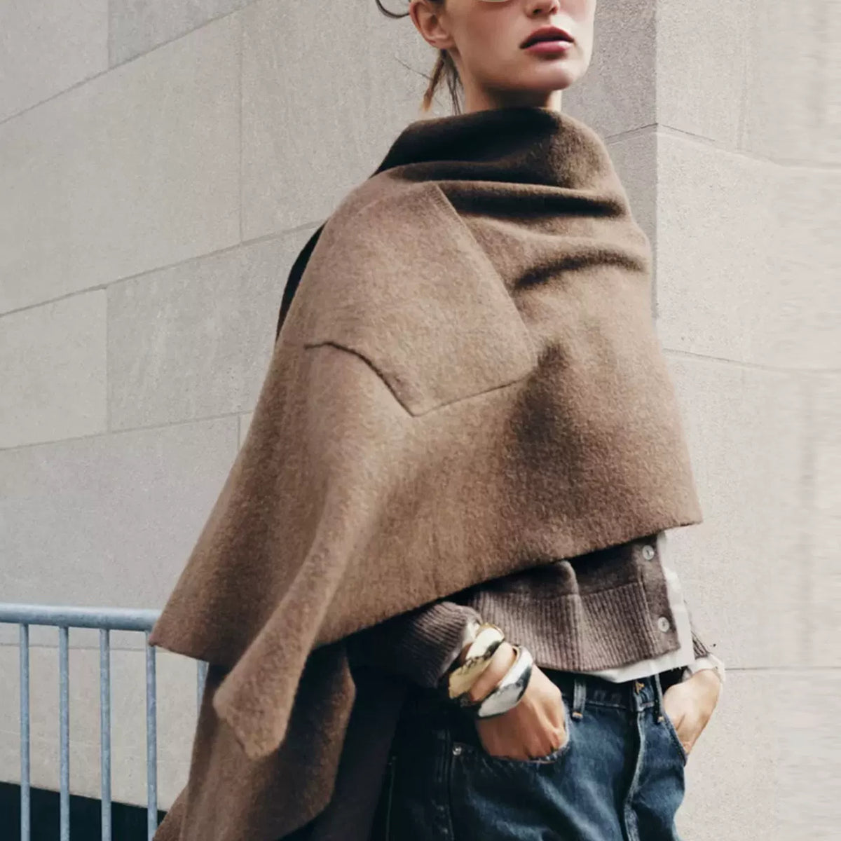 Long Knit Cape with Pockets