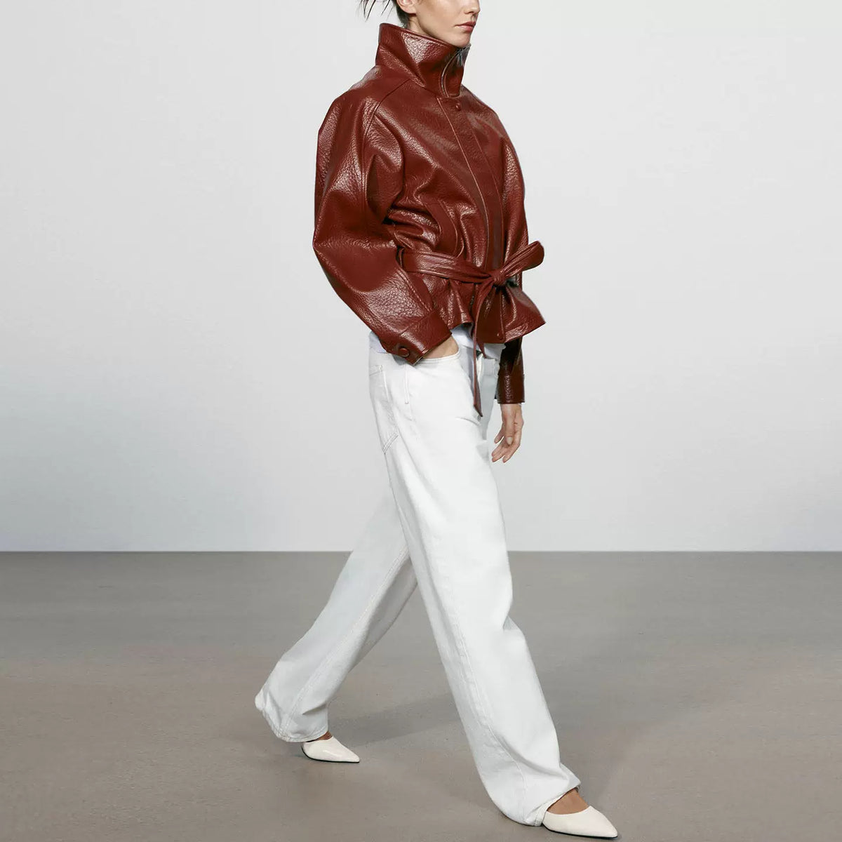 Faux Leather Stand-Collar Belted Jacket
