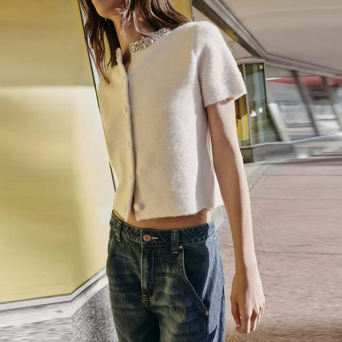 Jewel-Neck Short-Sleeve Knit Top