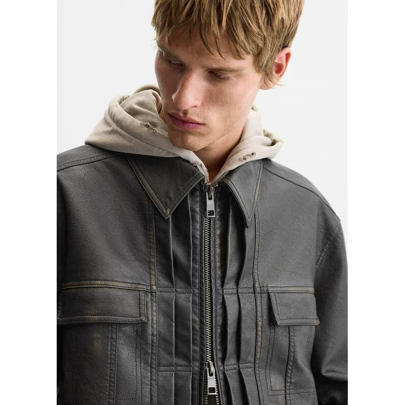 Washed Faux Leather Zip Jacket in Black