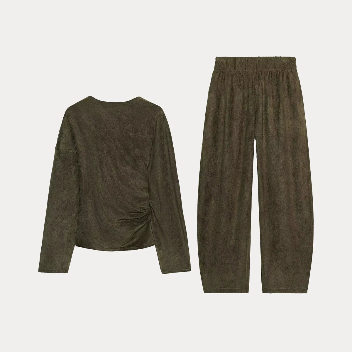 Suede-Effect Ruched Top and Trousers Set