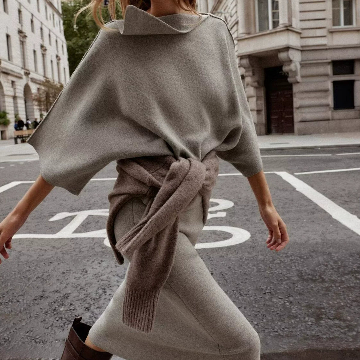Flip-Collar Knit Top and Midi Skirt Set