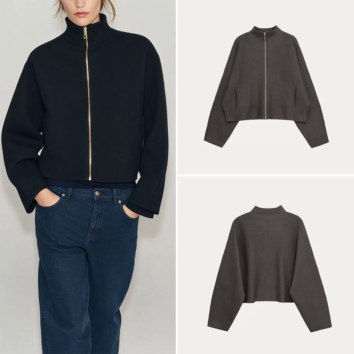 Stand-Collar Zip Knit Jacket