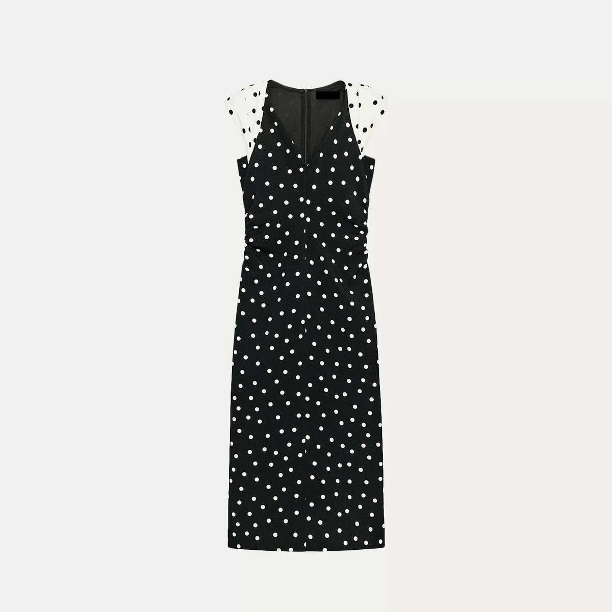 Padded-Shoulder Polka Dot Midi Dress