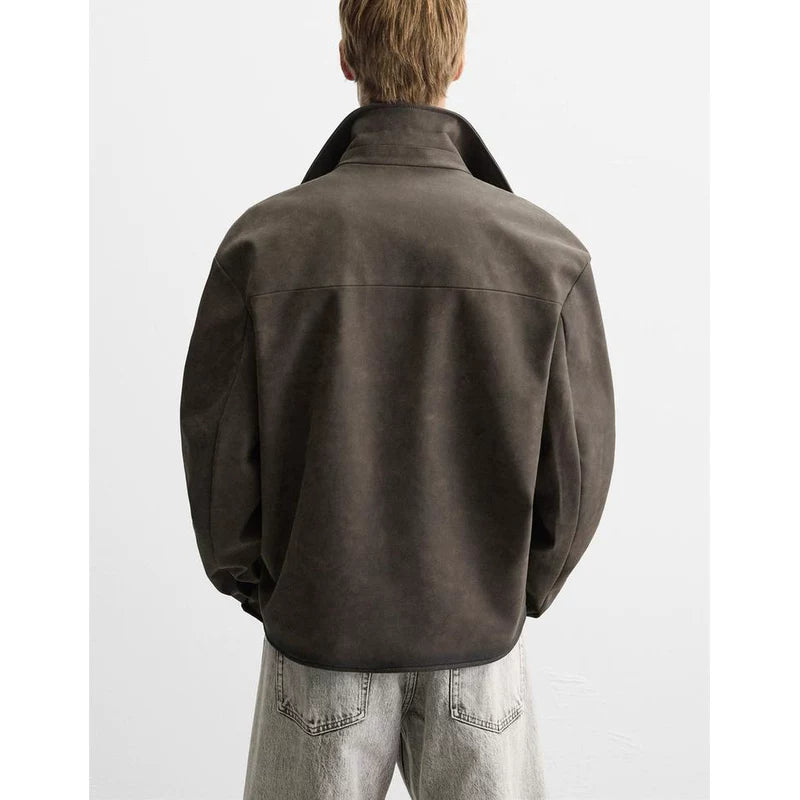 Washed Faux Leather Zip Jacket in Brown