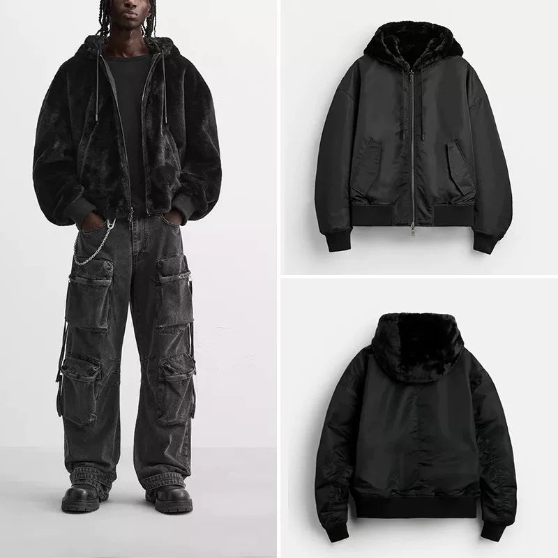Reversible Hooded Pilot Jacket in Black