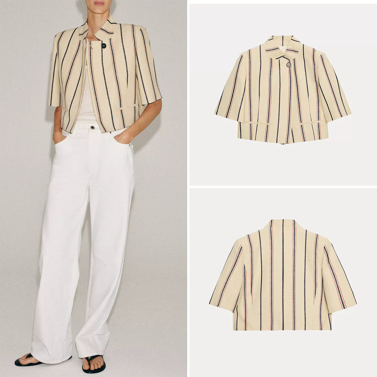 Striped Short-Sleeve Cropped Blazer