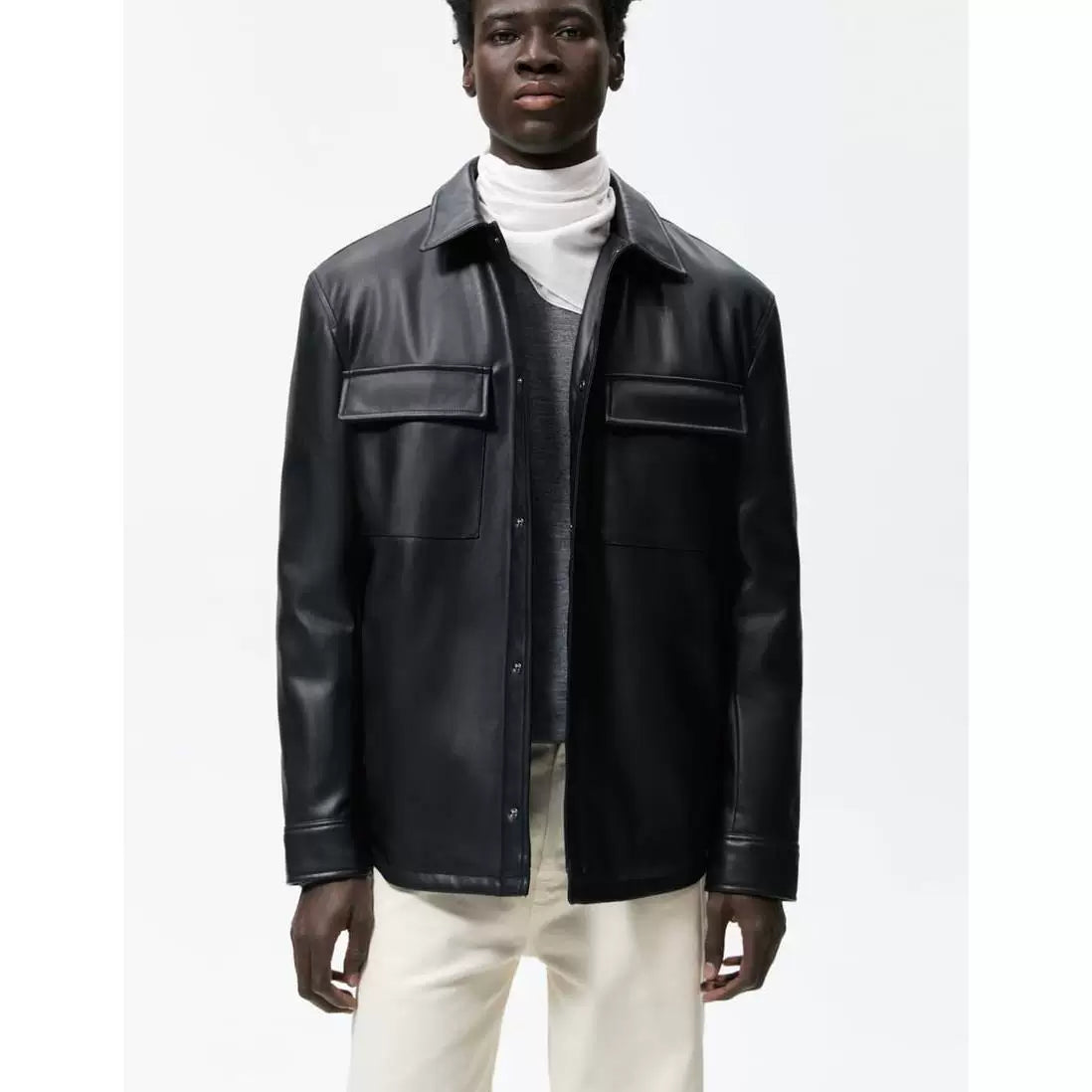 Faux Leather Shirt Jacket