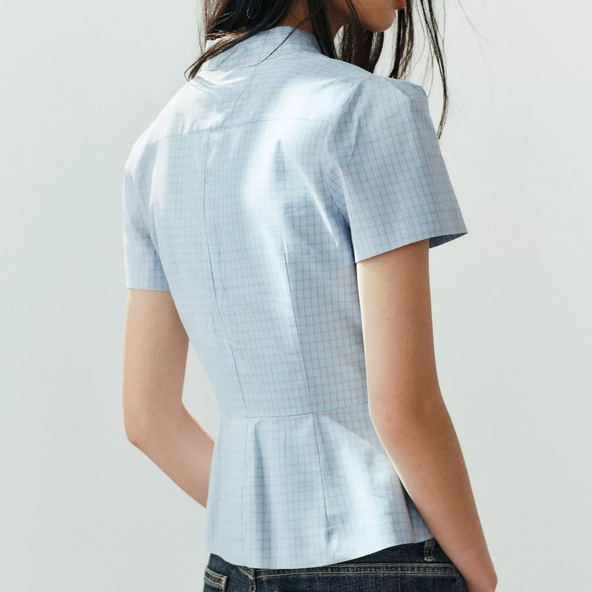 Plaid High-Neck Short-Sleeve Top