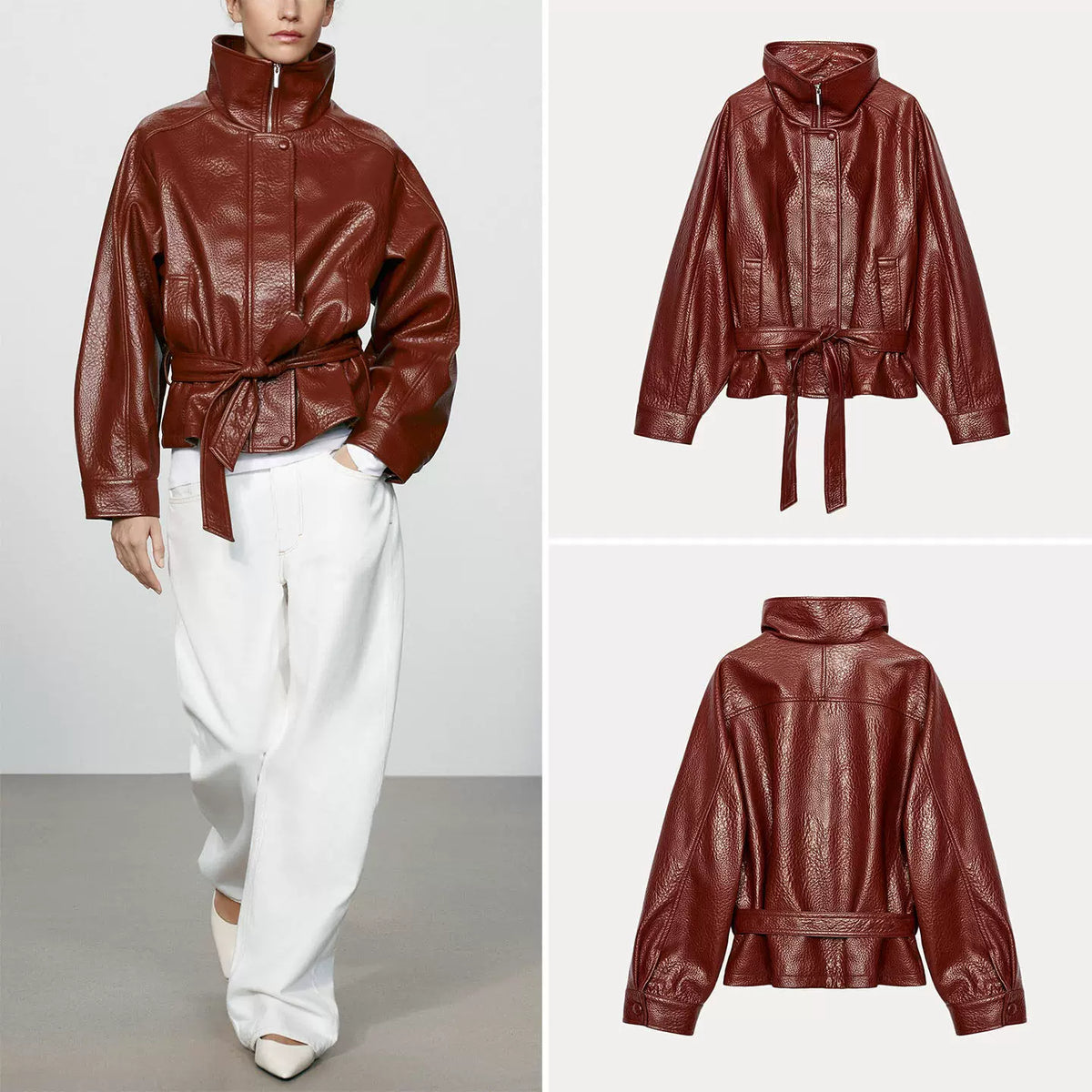 Faux Leather Stand-Collar Belted Jacket