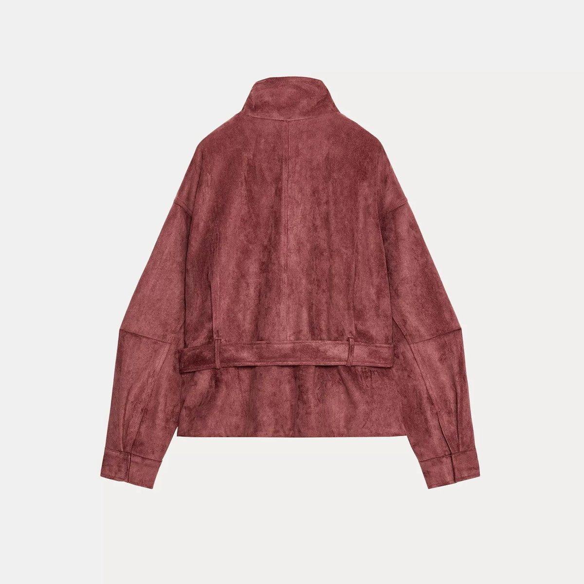 Belted Stand-Collar Jacket in Wine Red