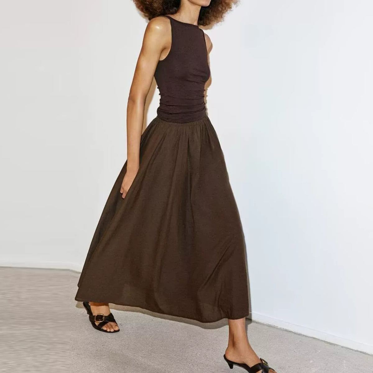 Tiered Elastic-Waist Midi Skirt
